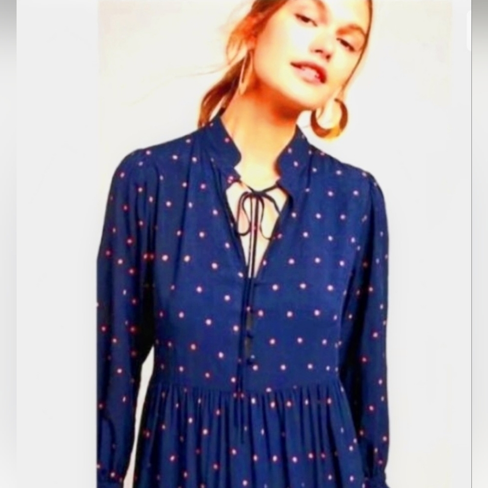 AG Adriano Goldschmied  Celeste Dot-Print Tiered Midi Dress Navy/Red Siz…